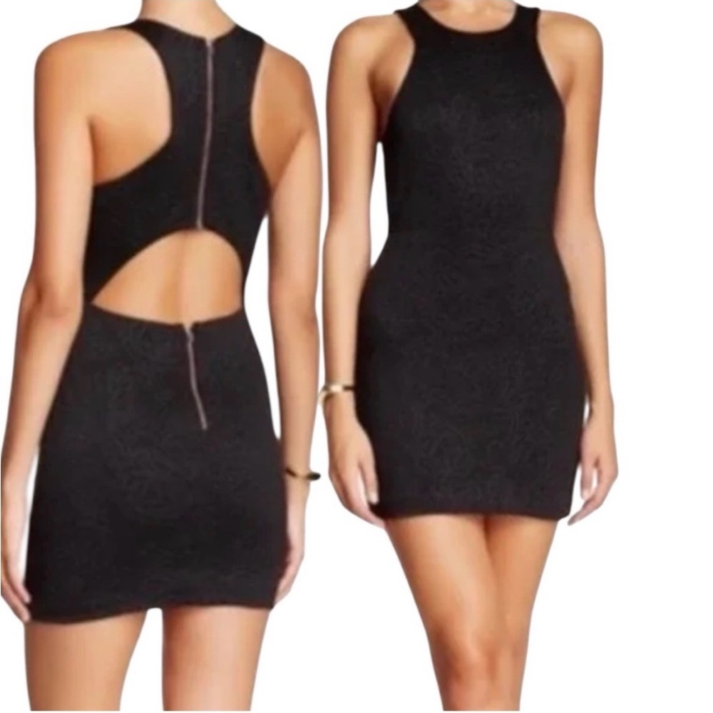 Bec & Bridge Bodycon High Neck Embossed Floral Mini Dress Black Size 4